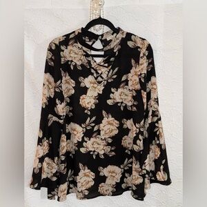 Black Floral Crisscross Neck Long Sleeve Top